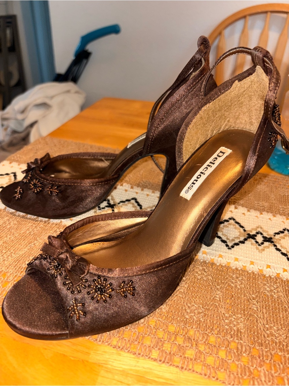 Vintage 1990s Delicious Brown Beaded Peep-Toe High Heels - Picture 3 of 7